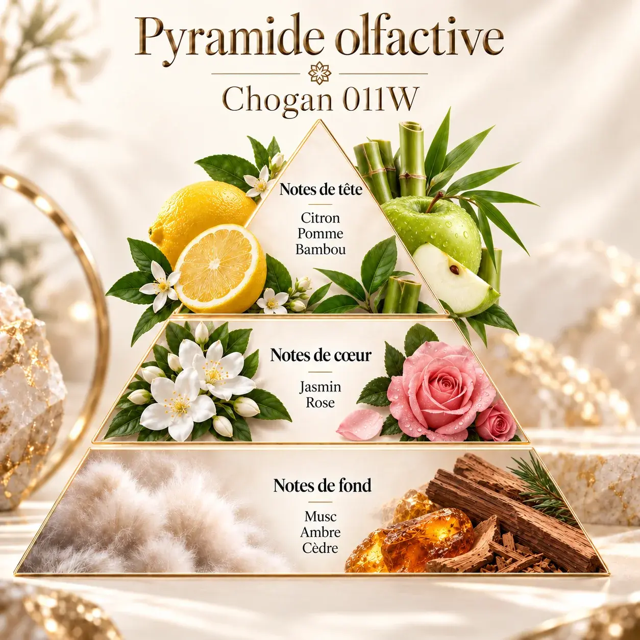 Pyramide olfactive Chogan 011W avec citron pomme bambou jasmin rose musc ambre et cèdre