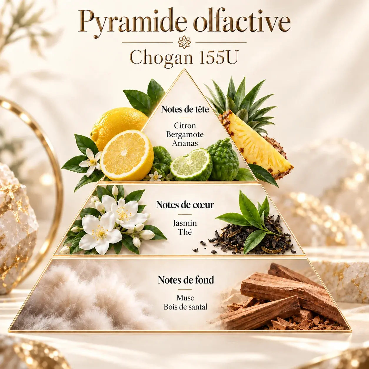 Pyramide olfactive Chogan 155U avec citron bergamote ananas jasmin musc bois de santal et thé