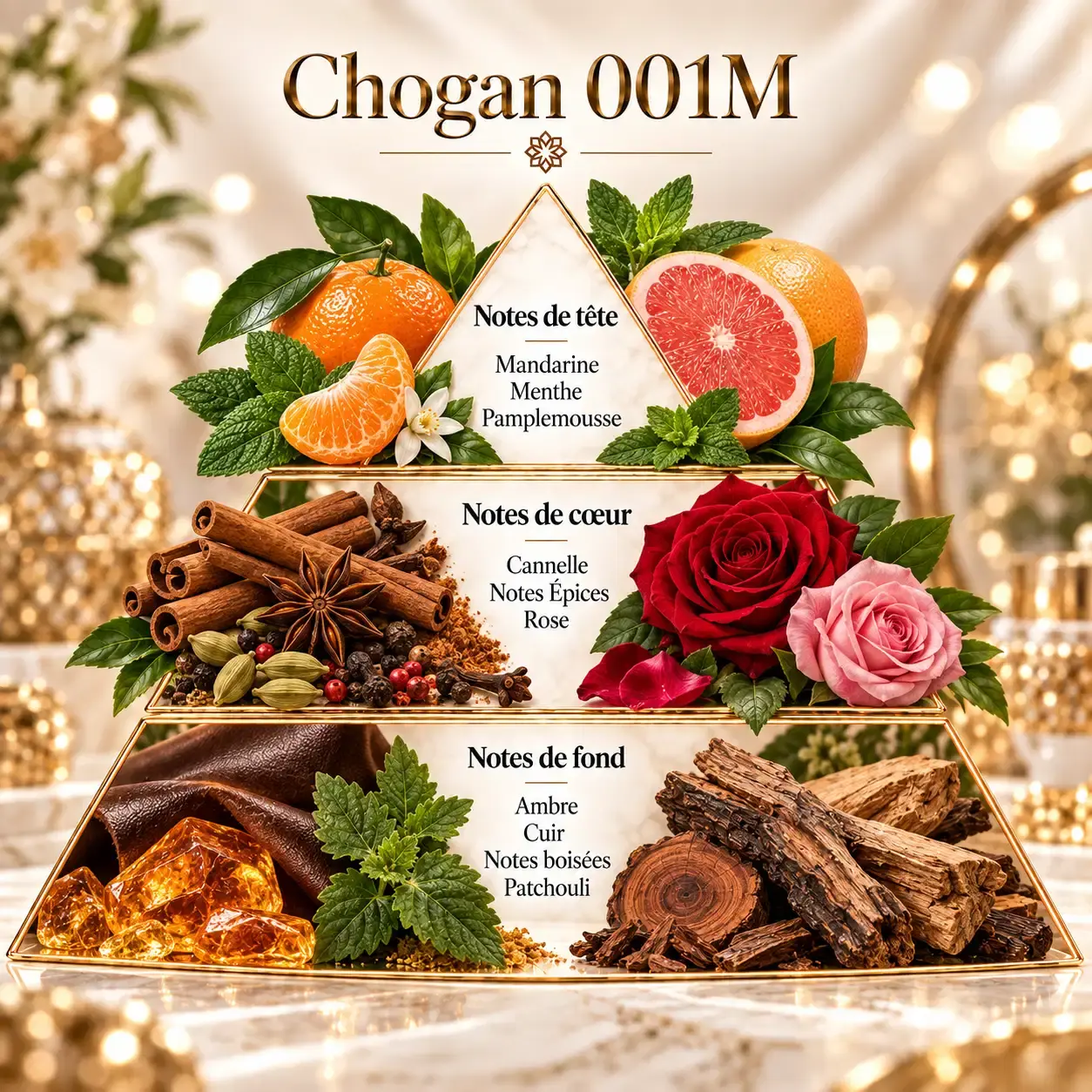 Pyramide olfactive Olfazeta Chogan 001M Prestige for Him avec mandarine menthe pamplemousse cannelle rose ambre cuir bois et patchouli