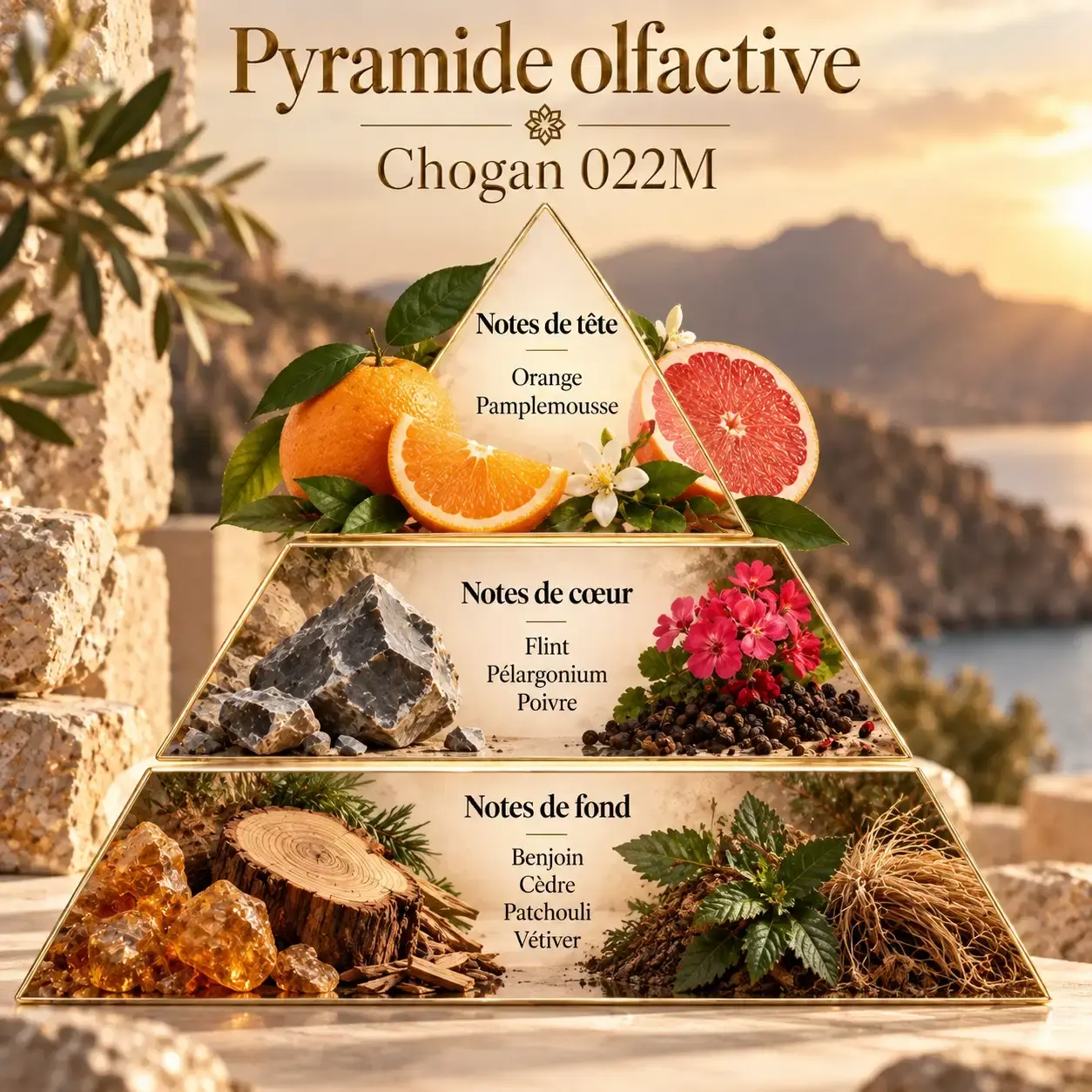 Pyramide olfactive Olfazeta Chogan 022M avec orange pamplemousse flint pélargonium poivre benjoin cèdre patchouli et vétiver