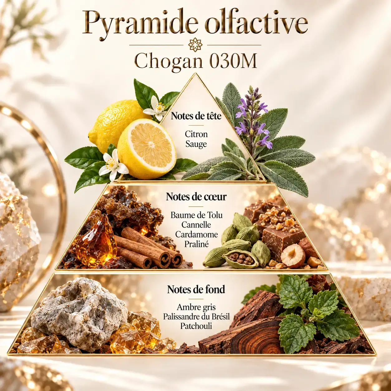 Pyramide olfactive Olfazeta Chogan 030M Maverick avec citron sauge cannelle cardamome praliné ambre gris palissandre du Brésil et patchouli