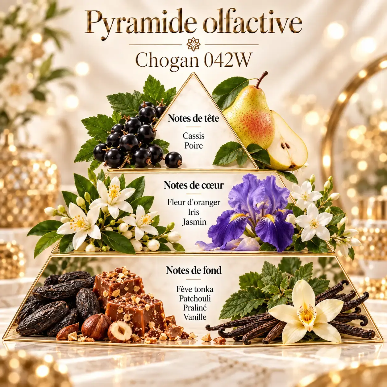 Pyramide olfactive Olfazeta Chogan 042W avec cassis poire fleur d'oranger iris jasmin fève tonka patchouli praliné et vanille