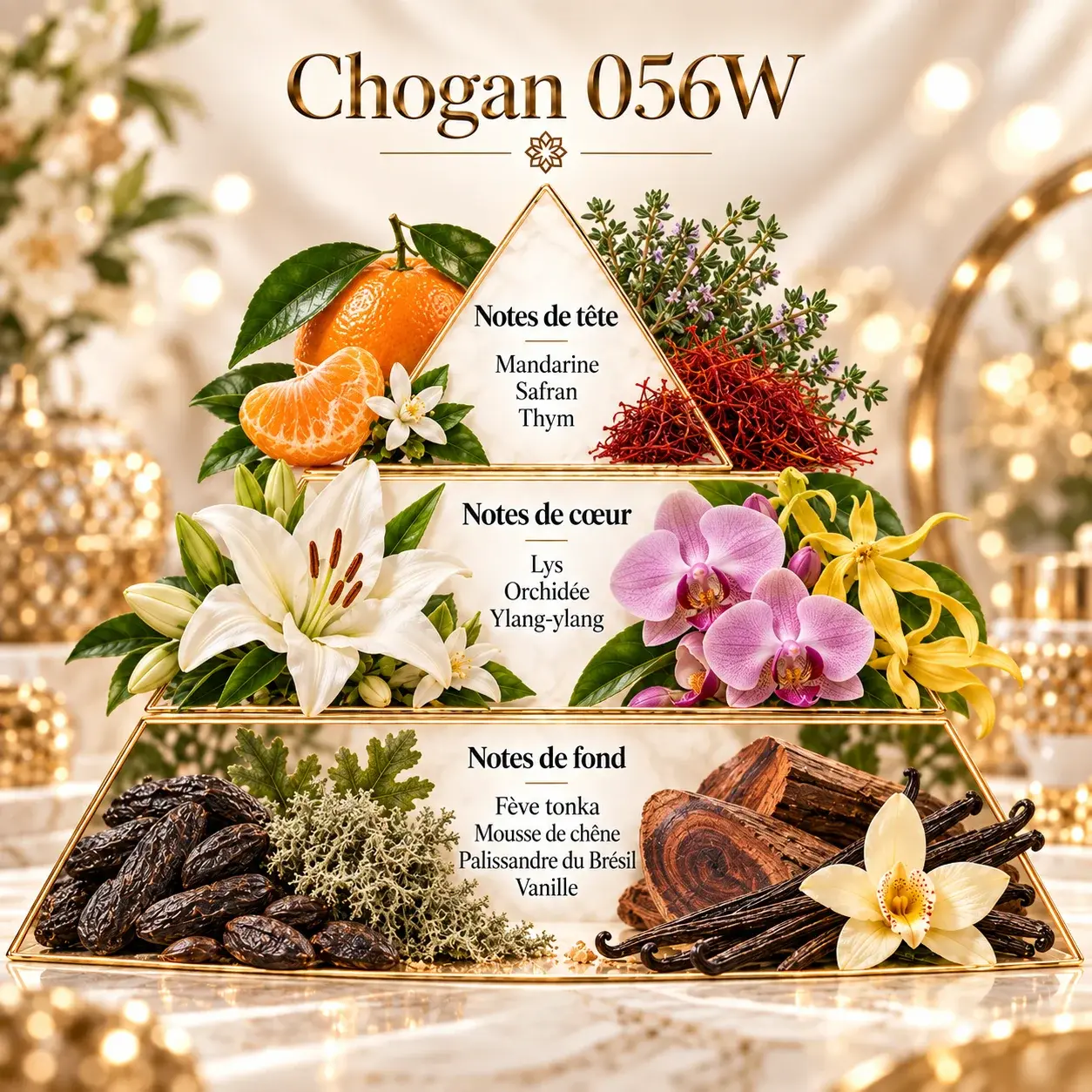 Pyramide olfactive Olfazeta Chogan 056W Light & Dark avec mandarine safran thym lys orchidée ylang-ylang fève tonka mousse de chêne palissandre du Brésil et vanille