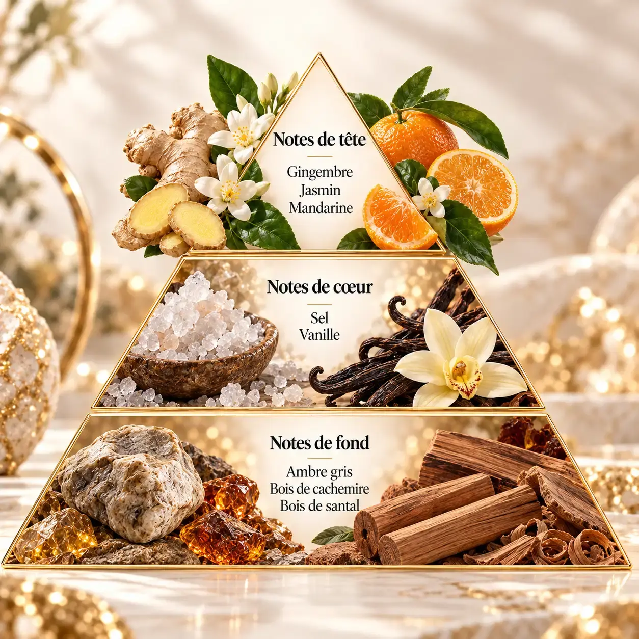 Pyramide olfactive Olfazeta Chogan 067W Victoria avec gingembre jasmin mandarine sel vanille ambre gris cachemire et santal