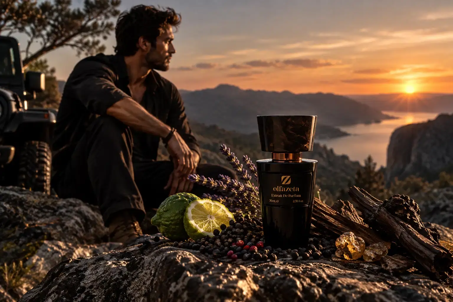 Ambiance sauvage rocheuse et nocturne du parfum homme Olfazeta Chogan 094M Revenant Intense