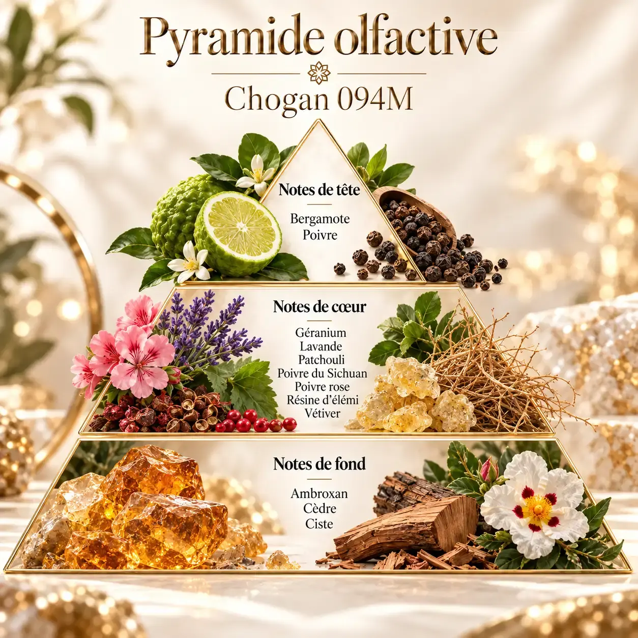 Pyramide olfactive Olfazeta Chogan 094M Revenant Intense avec bergamote poivre lavande géranium vétiver Ambroxan et cèdre