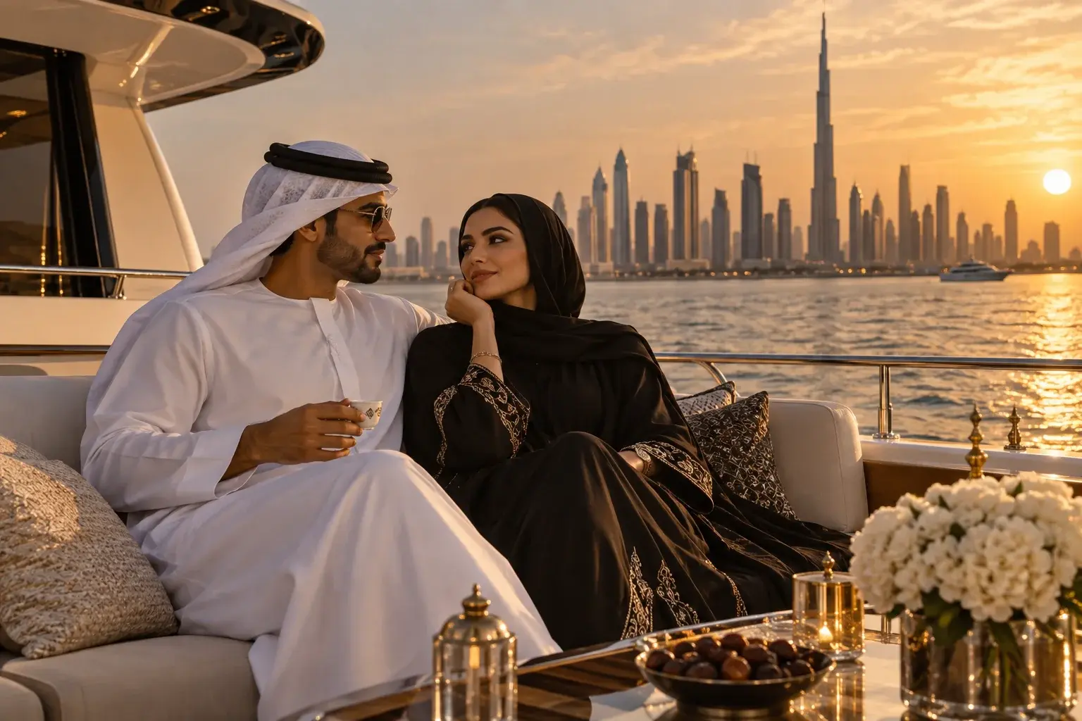 Couple sur un yacht à Dubaï illustrant l'univers luxueux et ambré du parfum Olfazeta Chogan 118U Scarlet Fire