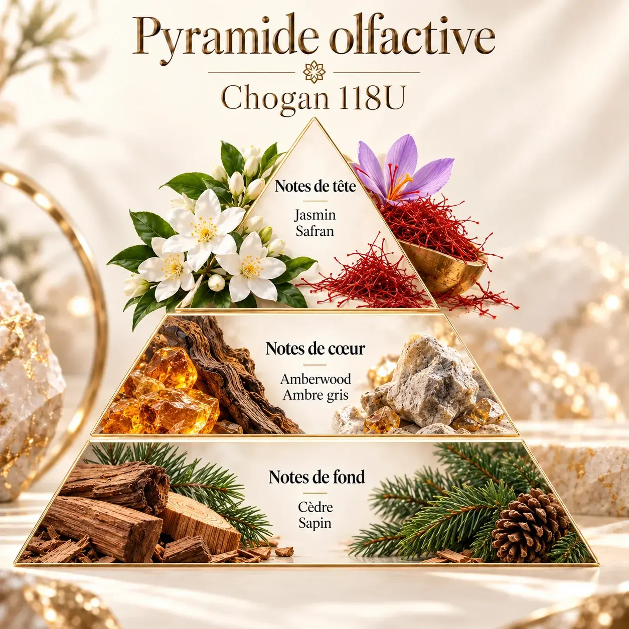 Pyramide olfactive Olfazeta Chogan 118U avec jasmin safran Amberwood ambre gris Ambroxan bois de cedrat mousse de chêne et sapin