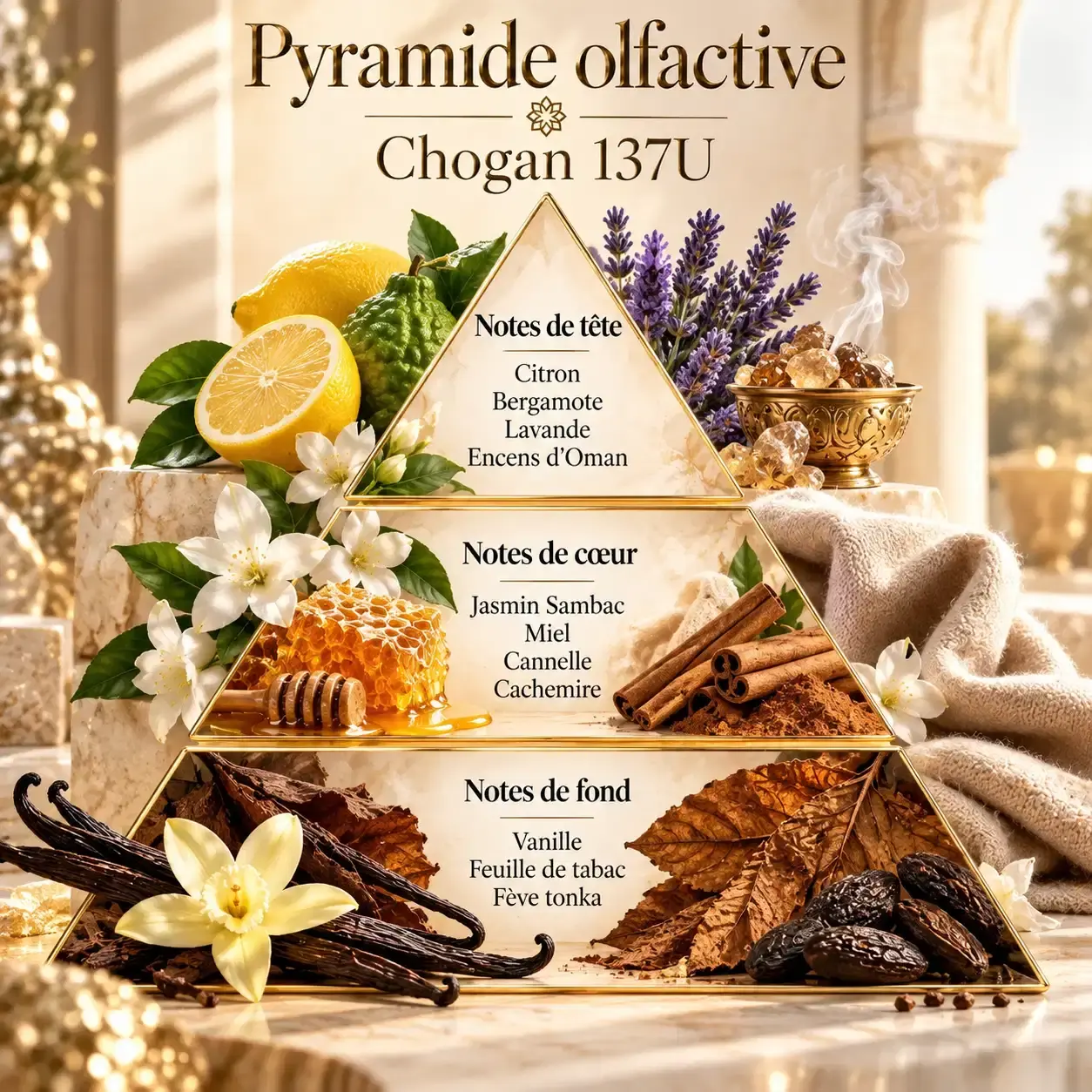Pyramide olfactive Olfazeta Chogan 137U Sicilian Garden avec bergamote citron lavande miel cannelle tabac vanille et fève tonka