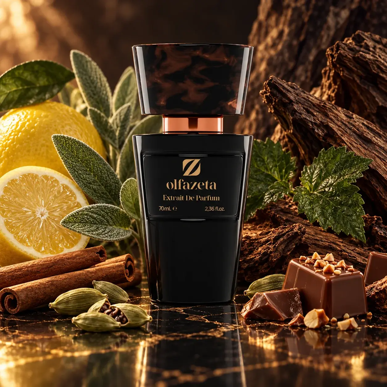 Pyramide olfactive du parfum Chogan 030M avec citron, cannelle, cardamome, praliné et patchouli