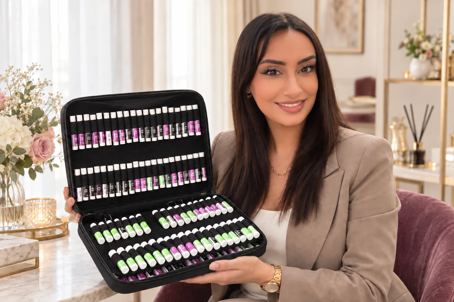 Salima présente un kit d’échantillons de parfums Chogan